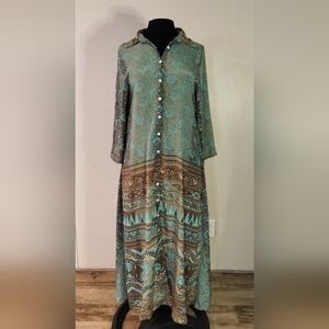Bohemian Teal and Brown Long Sleeve Dress